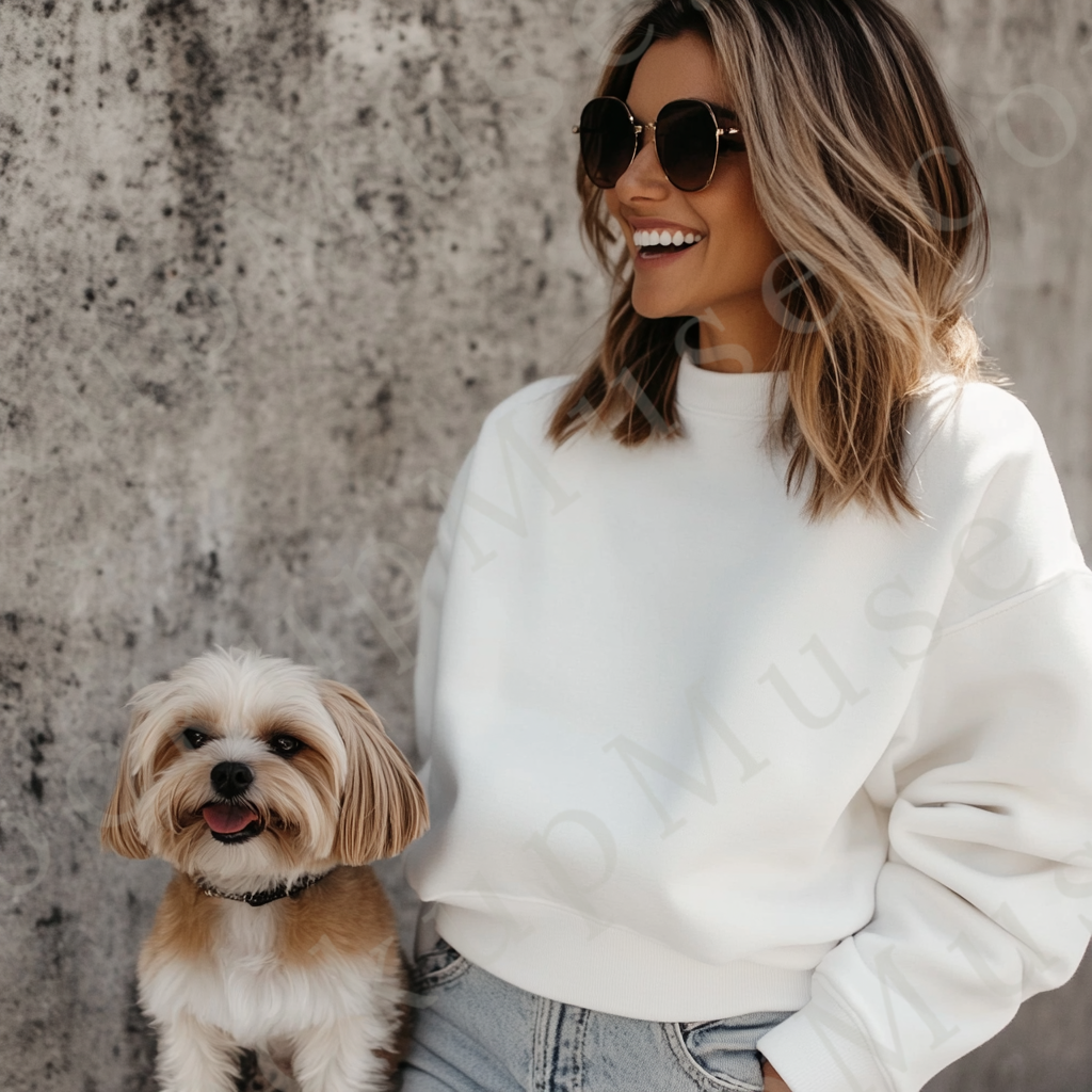 women’s white crewneck sweatshirt mockup, outdoor wall lifestyle scene, dog, gildan 18000, front view, digital download for E