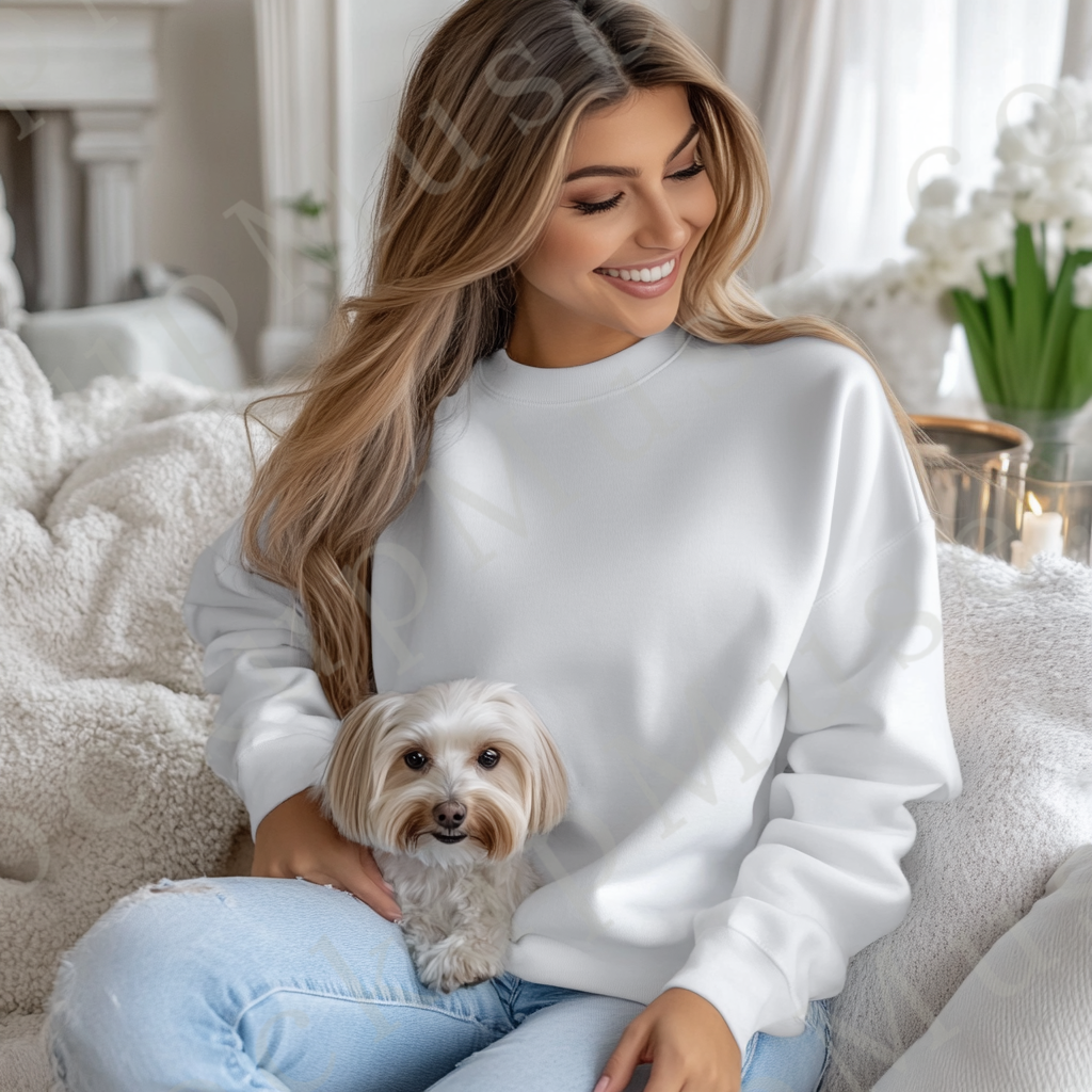 women’s white crewneck sweatshirt mockup, indoor lifestyle scene, book, gildan 18000, front view, digital download for Etsy a