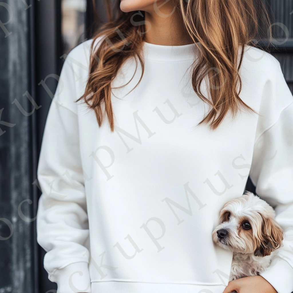 women’s white crewneck sweatshirt mockup, indoor lifestyle scene, dog, gildan 18000, front view, digital download for Etsy an