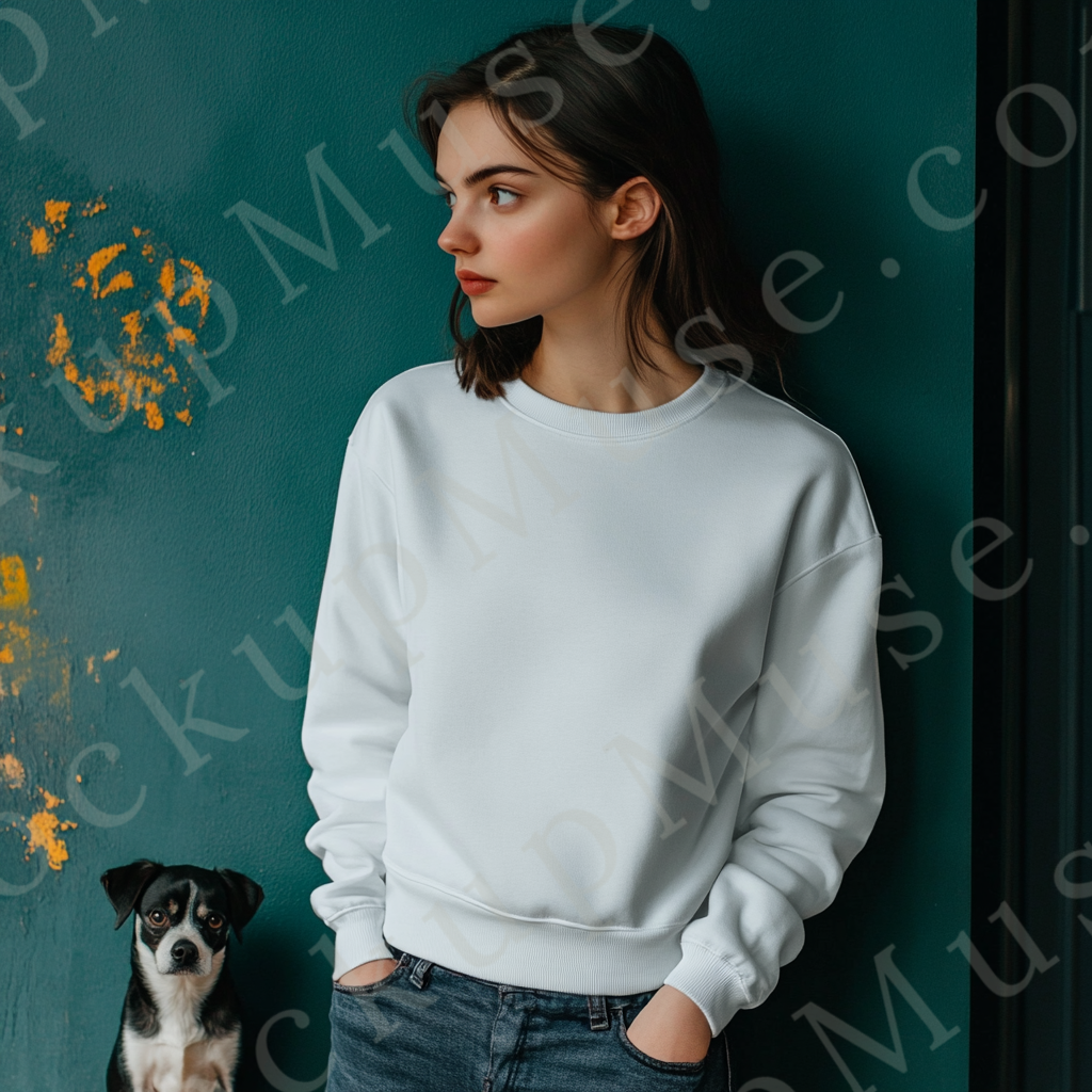 women’s white crewneck sweatshirt mockup, green wall lifestyle scene, dog, gildan 18000, front view, digital download for Ets