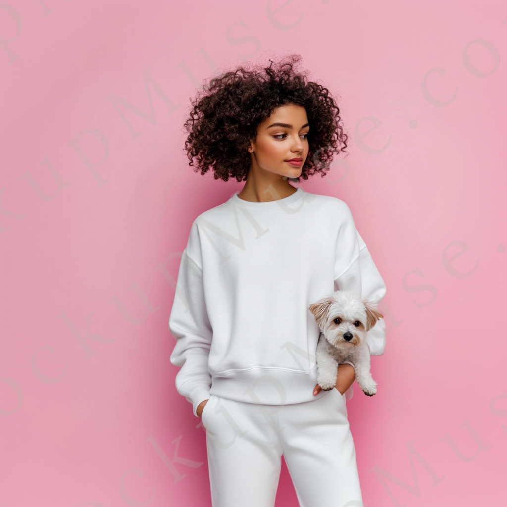 women’s white crewneck sweatshirt mockup, pink wall lifestyle scene, dog, gildan 18000, front view, digital download for Etsy