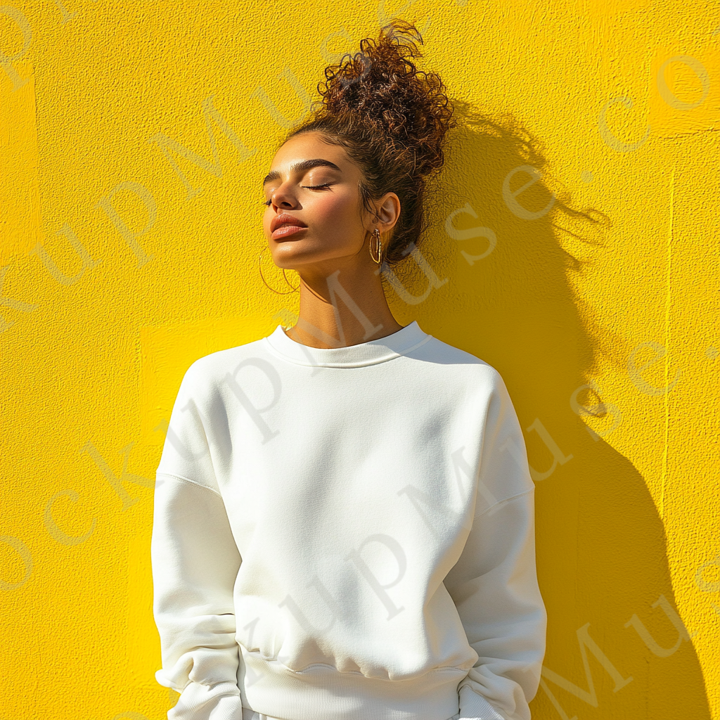 women’s white crewneck sweatshirt mockup, yellow wall lifestyle scene, gildan 18000, front view, digital download for Etsy an