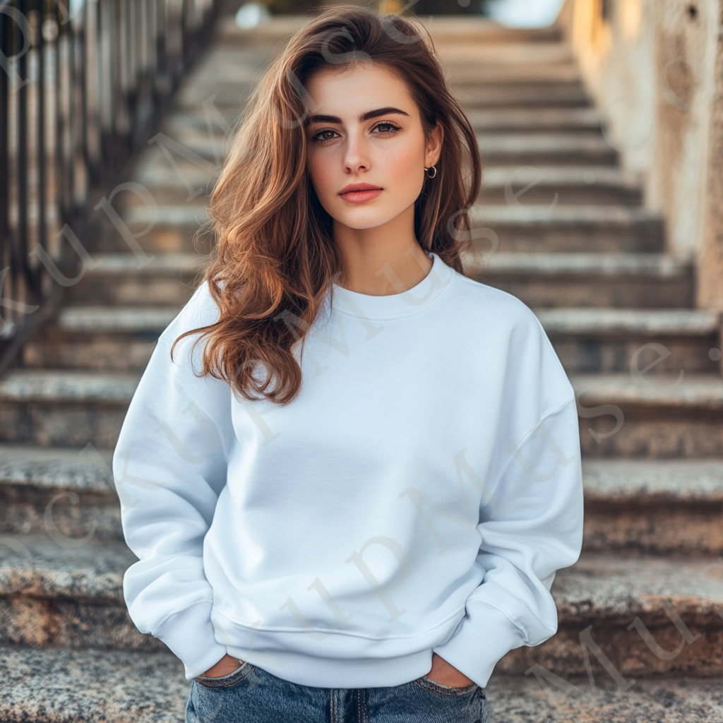 women’s white crewneck sweatshirt mockup, outdoor stairs lifestyle scene, gildan 18000, front view, digital download for Etsy