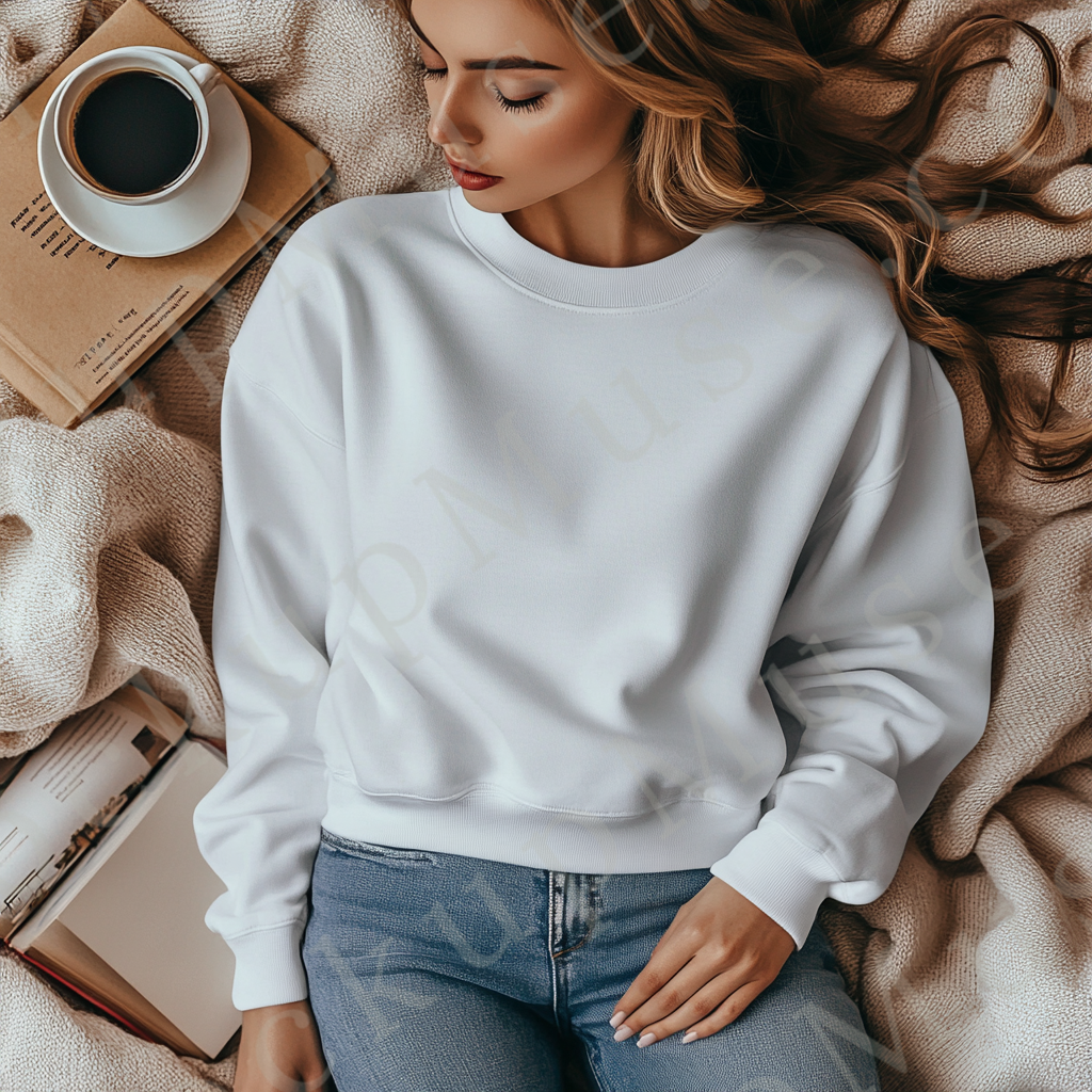 women’s white crewneck sweatshirt mockup, indoor lifestyle scene, coffee, gildan 18000, front view, digital download for Etsy