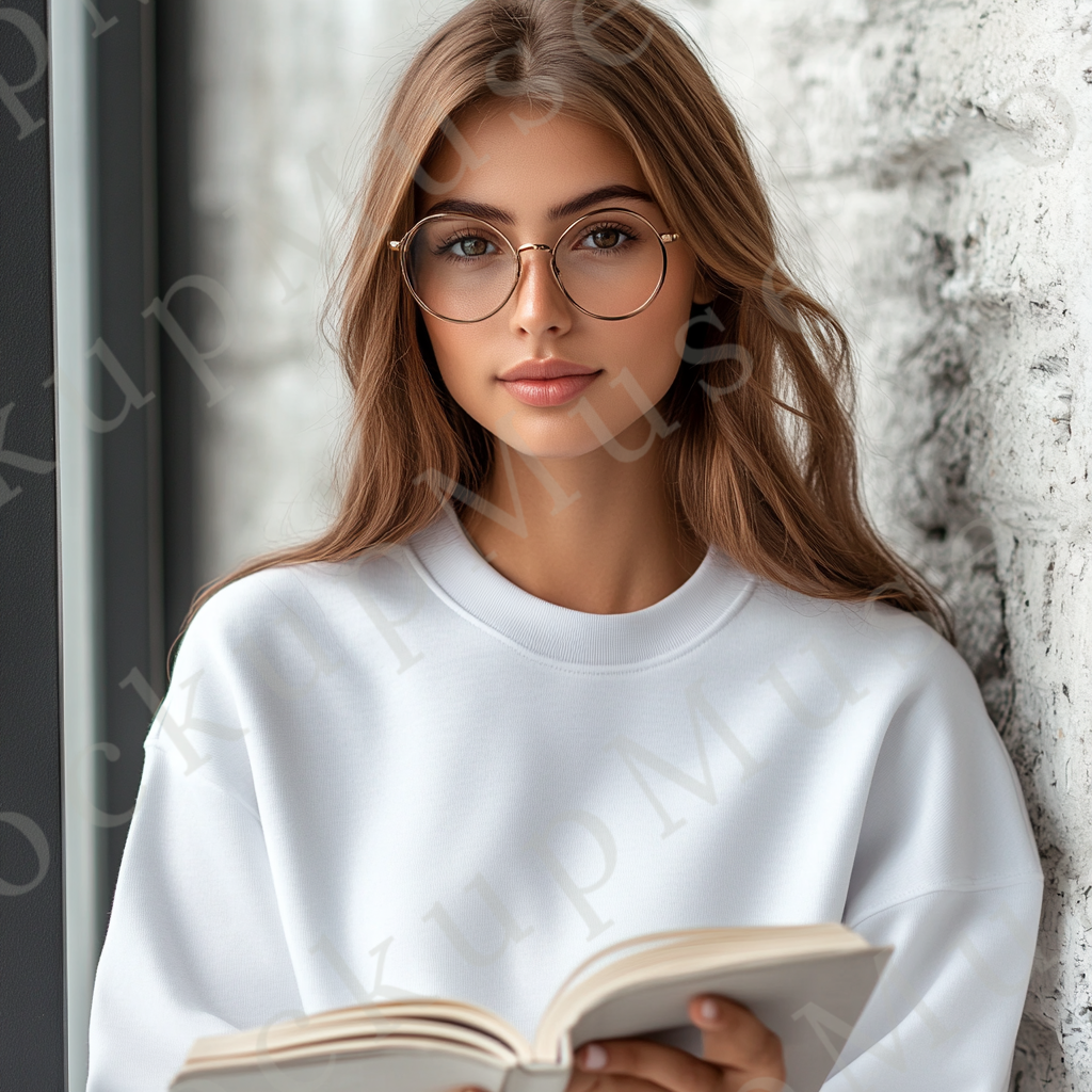 women’s white crewneck sweatshirt mockup, indoor lifestyle scene, book, gildan 18000, front view, digital download for Etsy a