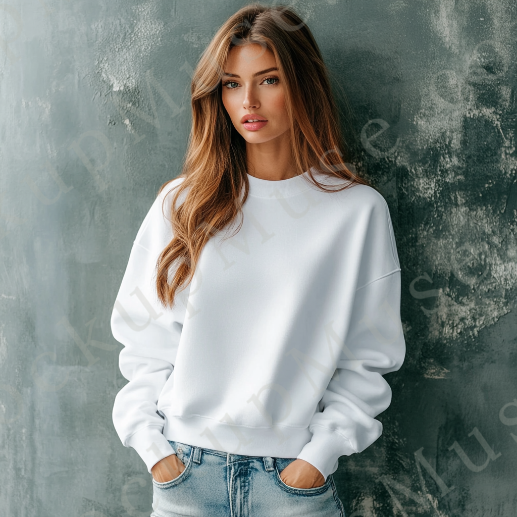 women’s white crewneck sweatshirt mockup, gray studio, gildan 18000, front view, digital download for Etsy and Shopify