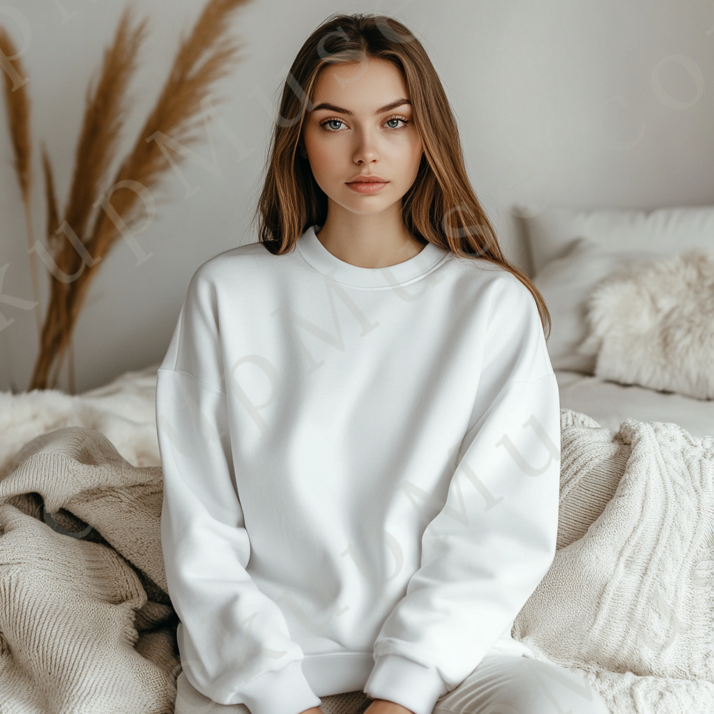 women’s white crewneck sweatshirt mockup, indoor lifestyle scene, gildan 18000, front view, digital download for Etsy and Sho