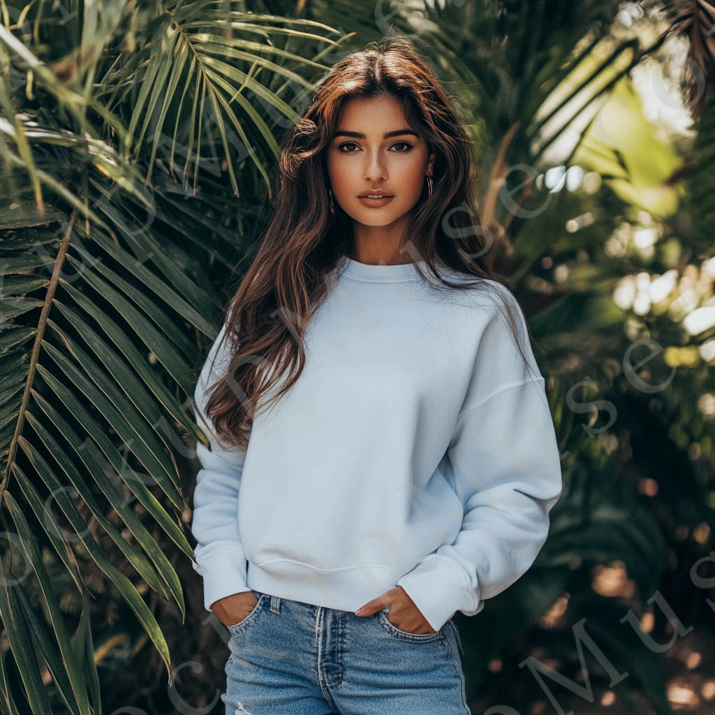 women’s white crewneck sweatshirt mockup, tropical plants lifestyle scene, gildan 18000, front view, digital download for Ets