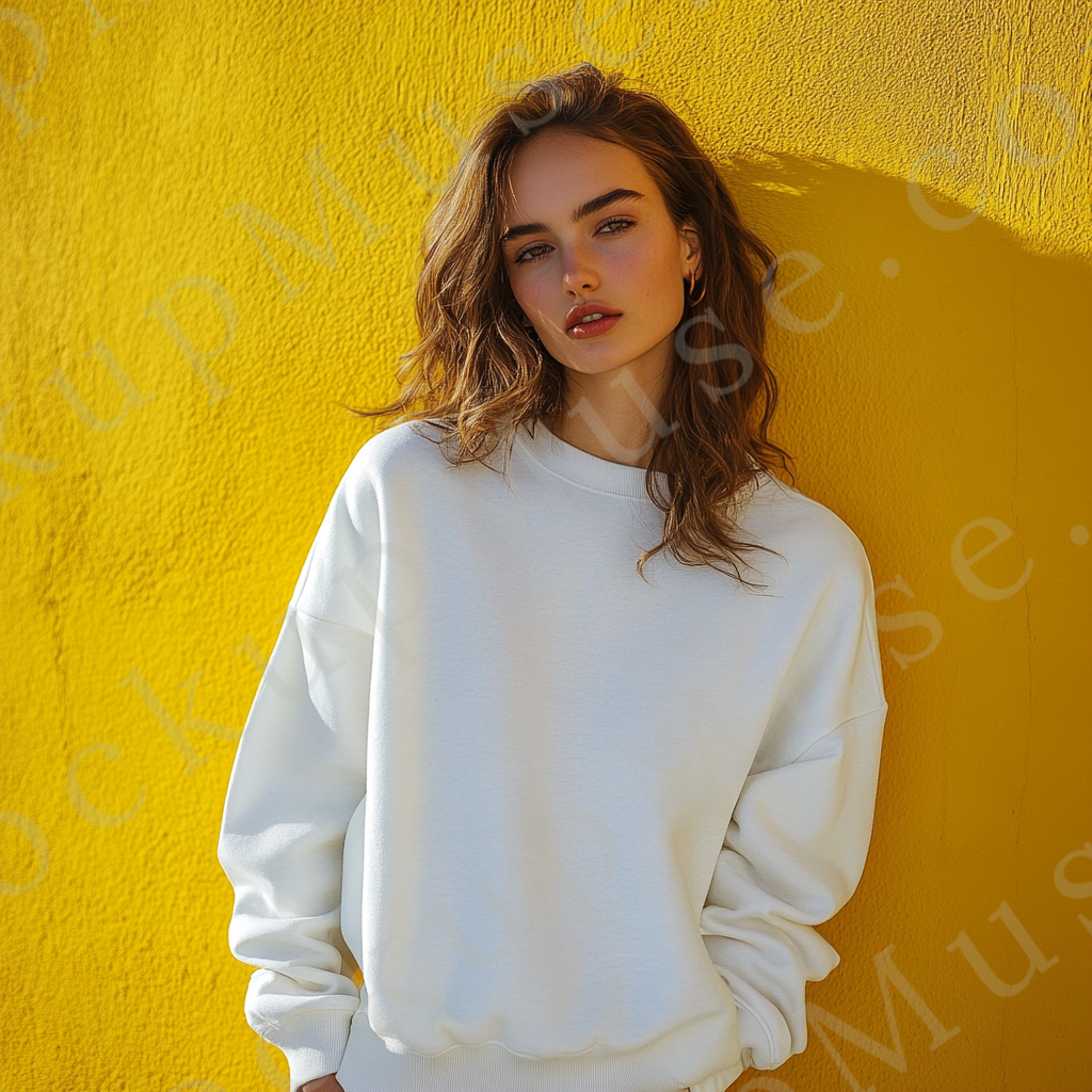 women’s white crewneck sweatshirt mockup, yellow wall lifestyle scene, gildan 18000, front view, digital download for Etsy an