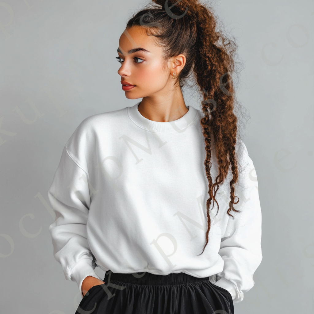 women’s white crewneck sweatshirt mockup, gray studio, gildan 18000, front view, digital download for Etsy and Shopify