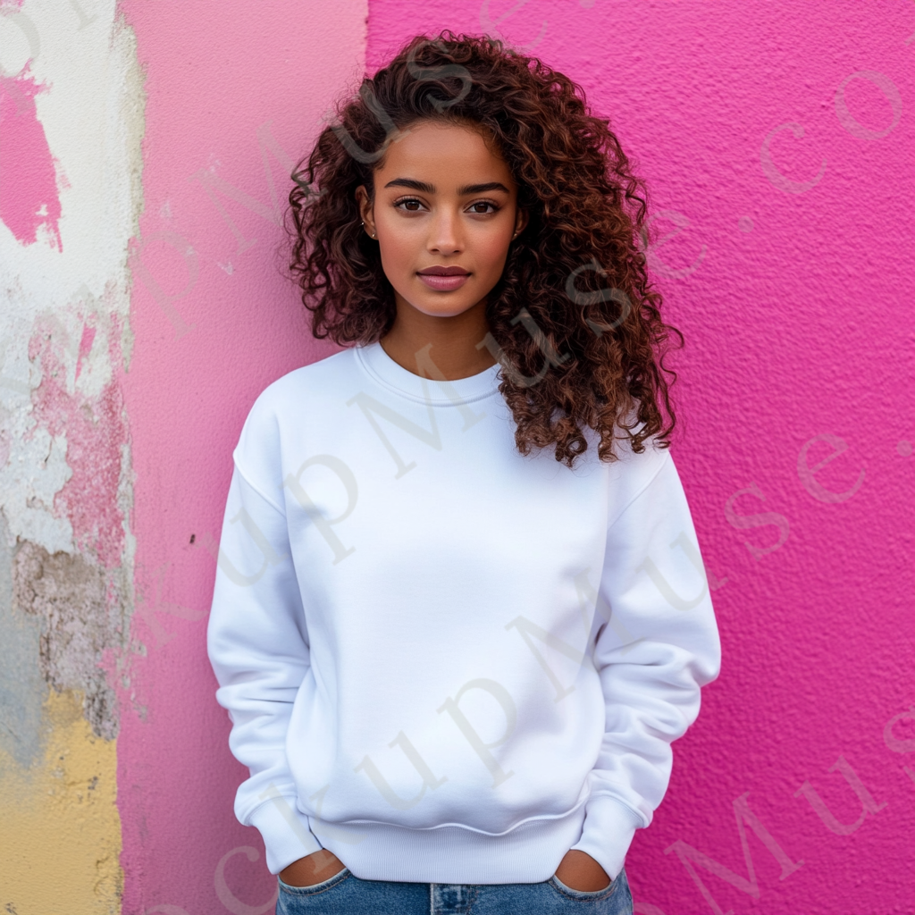 women’s white crewneck sweatshirt mockup, pink wall lifestyle scene, gildan 18000, front view, digital download for Etsy and