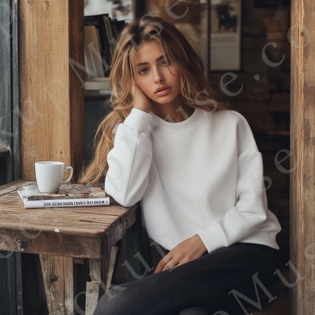 women’s white crewneck sweatshirt mockup, coffee shop lifestyle scene, coffee, gildan 18000, front view, digital download for
