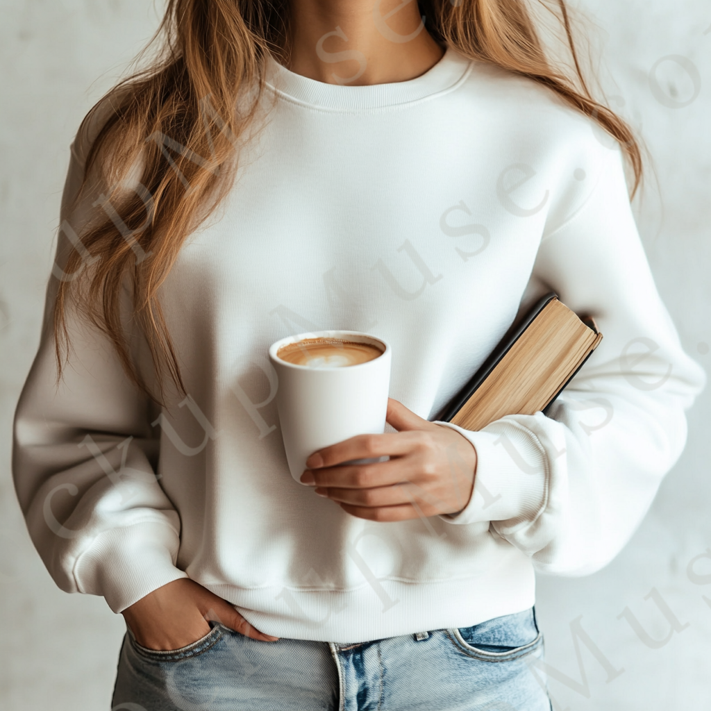 women’s white crewneck sweatshirt mockup, coffee shop lifestyle scene, coffee, gildan 18000, front view, digital download for