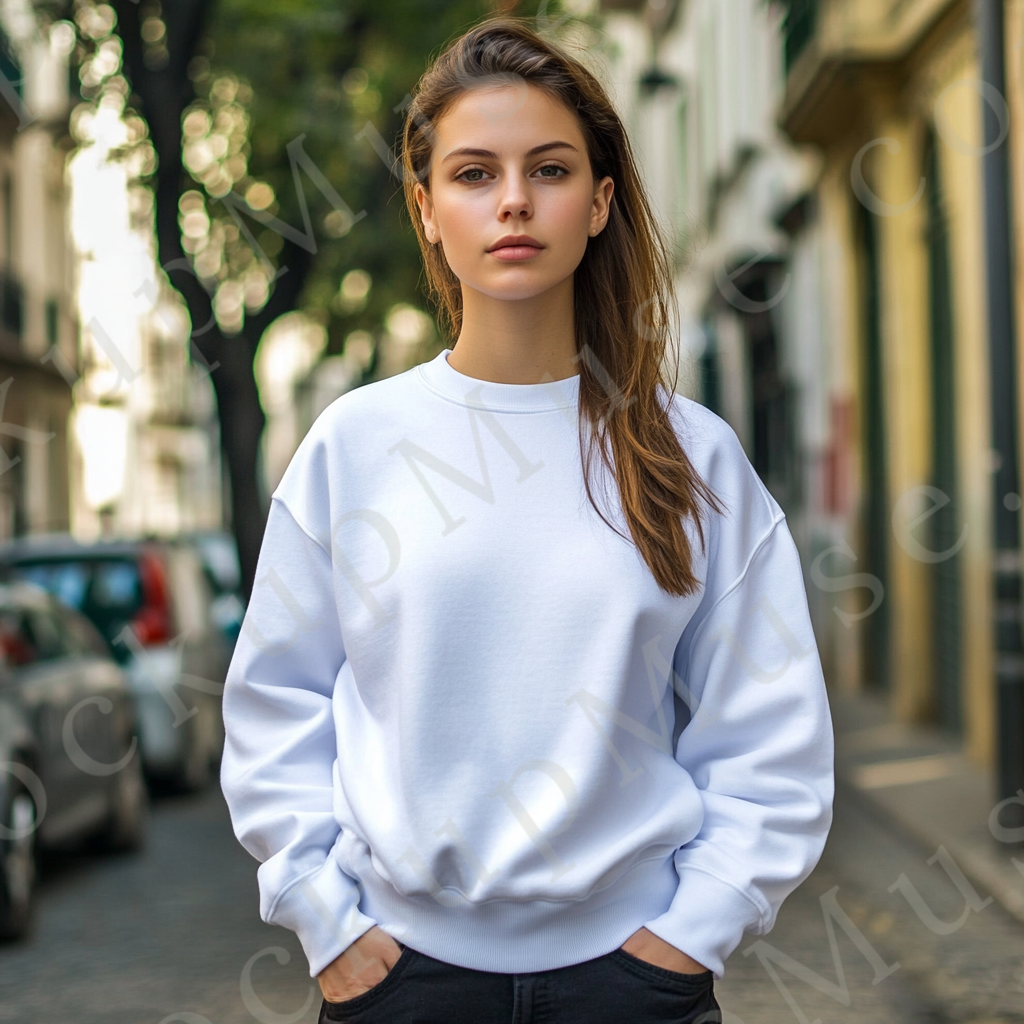 women’s white crewneck sweatshirt mockup, black studio, gildan 18000, front view, digital download for Etsy and Shopify