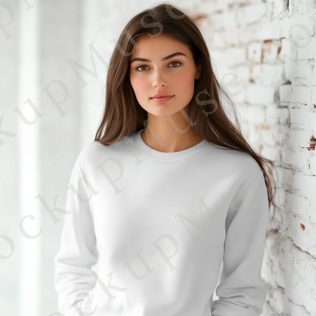 women’s white crewneck sweatshirt mockup, white brick wall lifestyle scene, gildan 18000, front view, digital download for Et