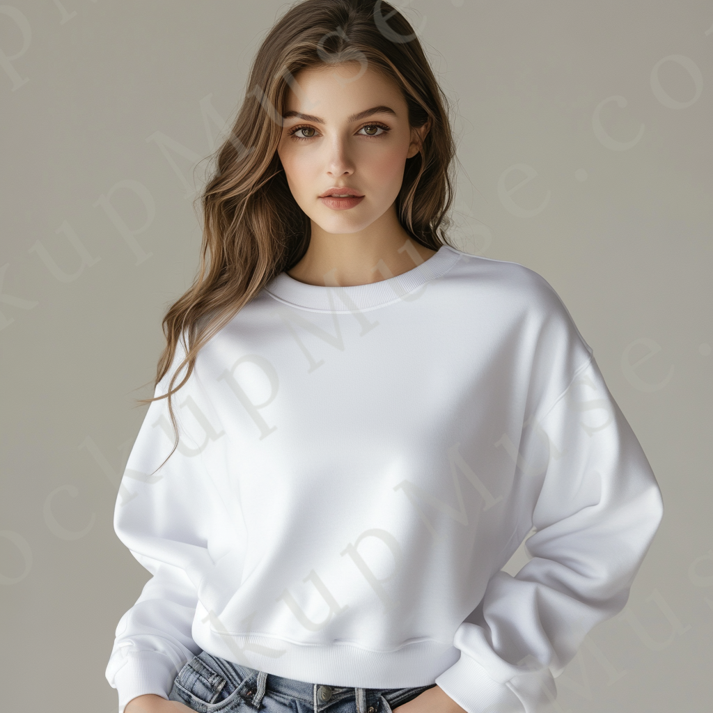 women’s white crewneck sweatshirt mockup, indoor lifestyle scene, gildan 18000, front view, digital download for Etsy and Sho