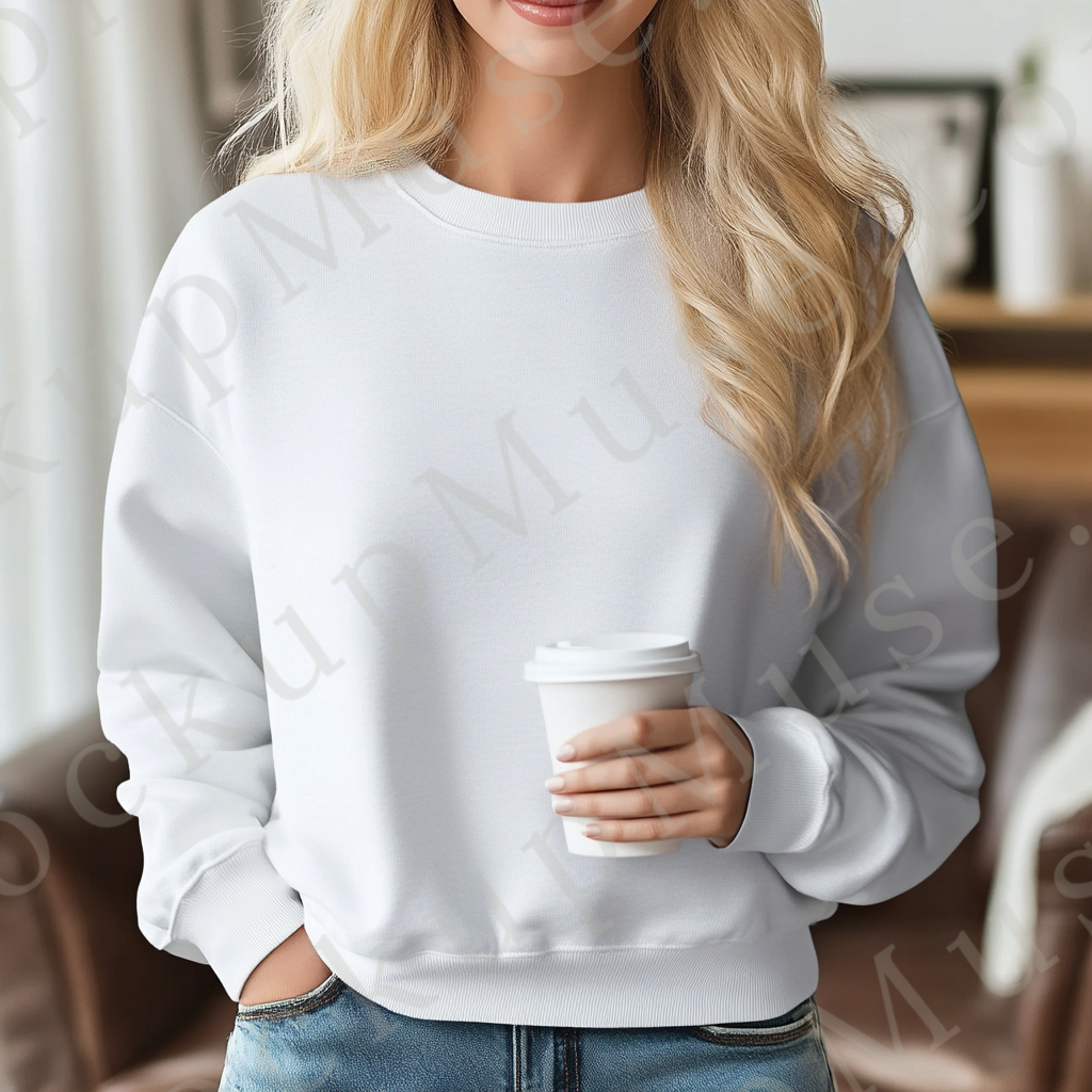women’s white crewneck sweatshirt mockup, coffee shop lifestyle scene, coffee, gildan 18000, front view, digital download for
