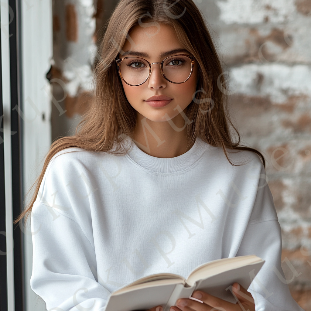 women’s white crewneck sweatshirt mockup, white brick wall lifestyle scene, book, gildan 18000, front view, digital download