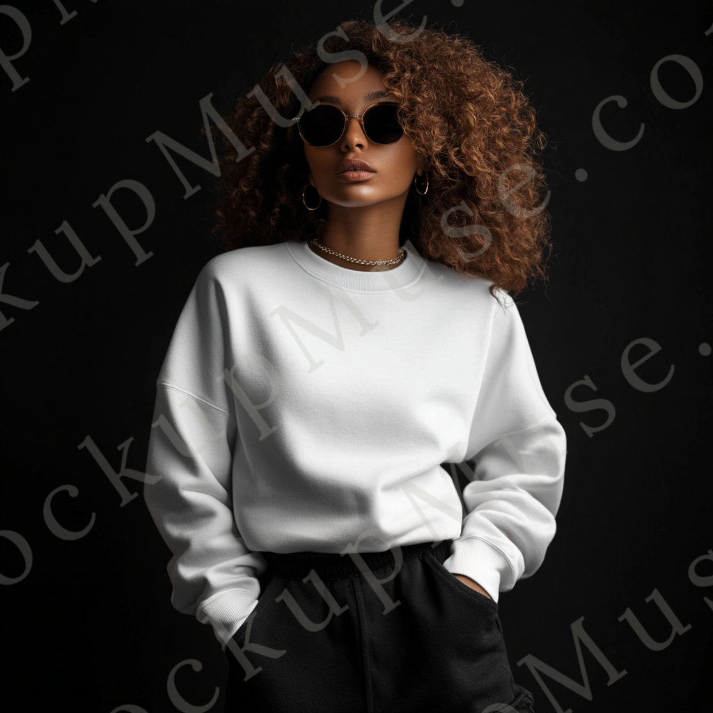 women’s white crewneck sweatshirt mockup, black studio, gildan 18000, front view, digital download for Etsy and Shopify