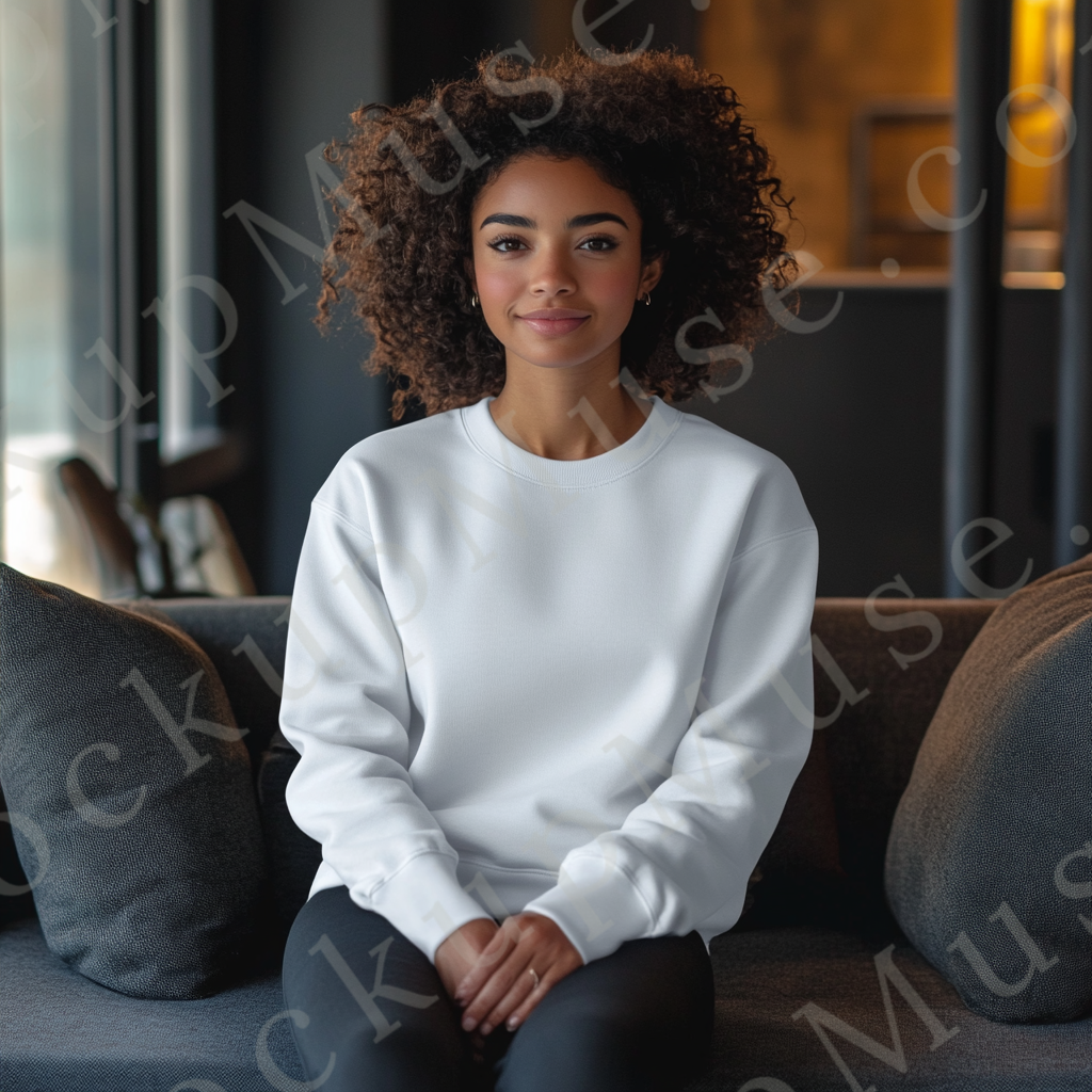 women’s white crewneck sweatshirt mockup, indoor lifestyle scene, gildan 18000, front view, digital download for Etsy and Sho