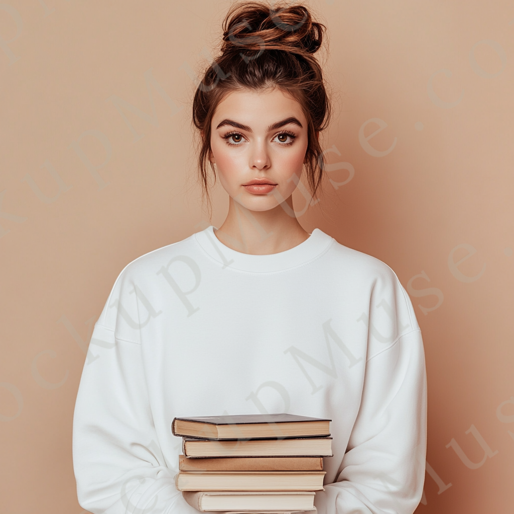 women’s white crewneck sweatshirt mockup, brown studio, book, gildan 18000, front view, digital download for Etsy and Shopify