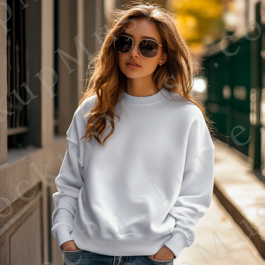 women’s white crewneck sweatshirt mockup, city street lifestyle scene, gildan 18000, front view, digital download for Etsy an