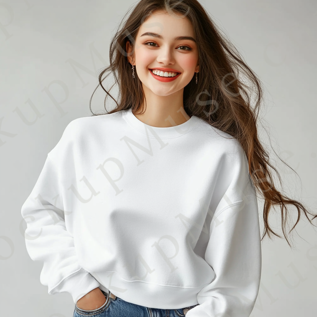 women’s white crewneck sweatshirt mockup, gray studio, gildan 18000, front view, digital download for Etsy and Shopify