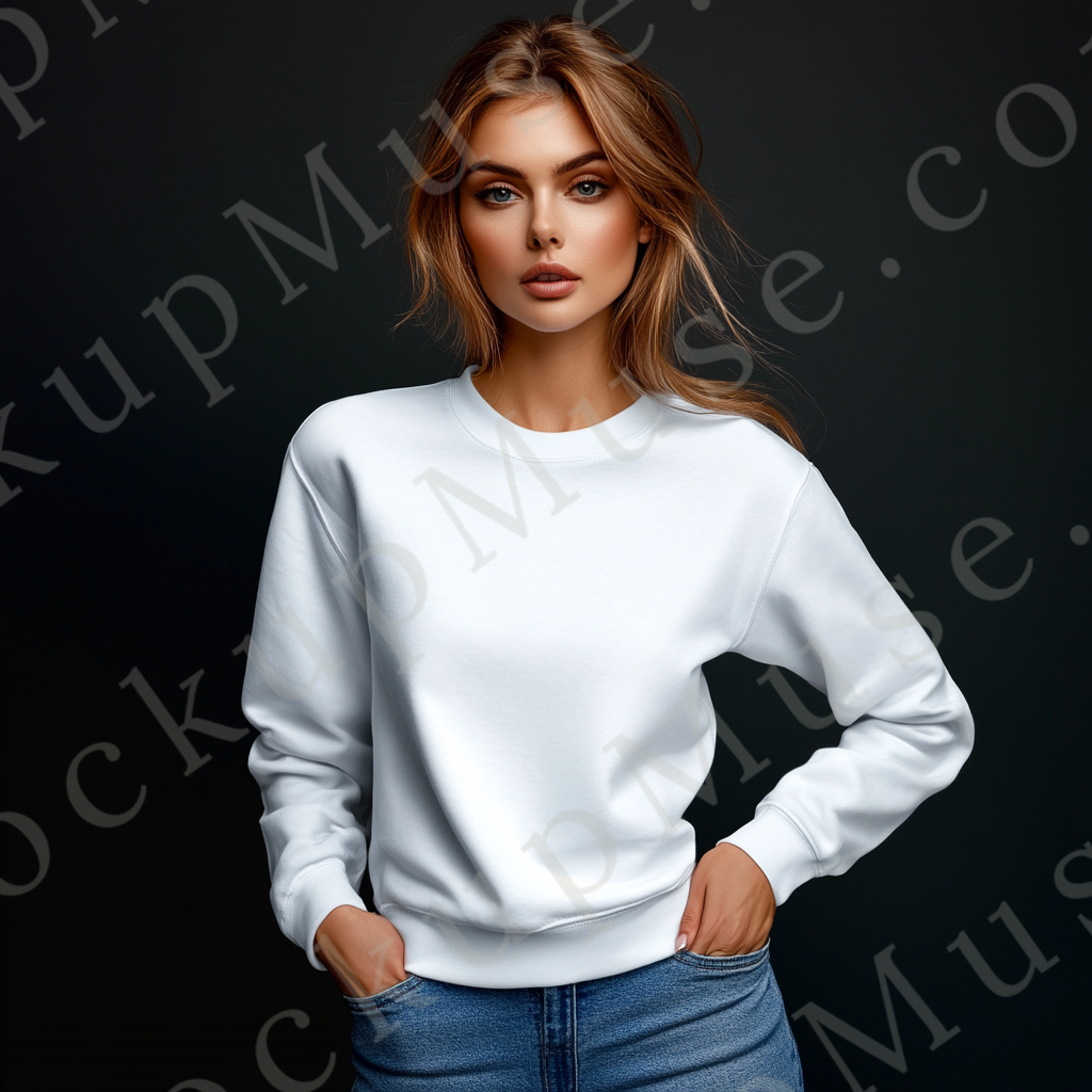 women’s white crewneck sweatshirt mockup, black studio, gildan 18000, front view, digital download for Etsy and Shopify