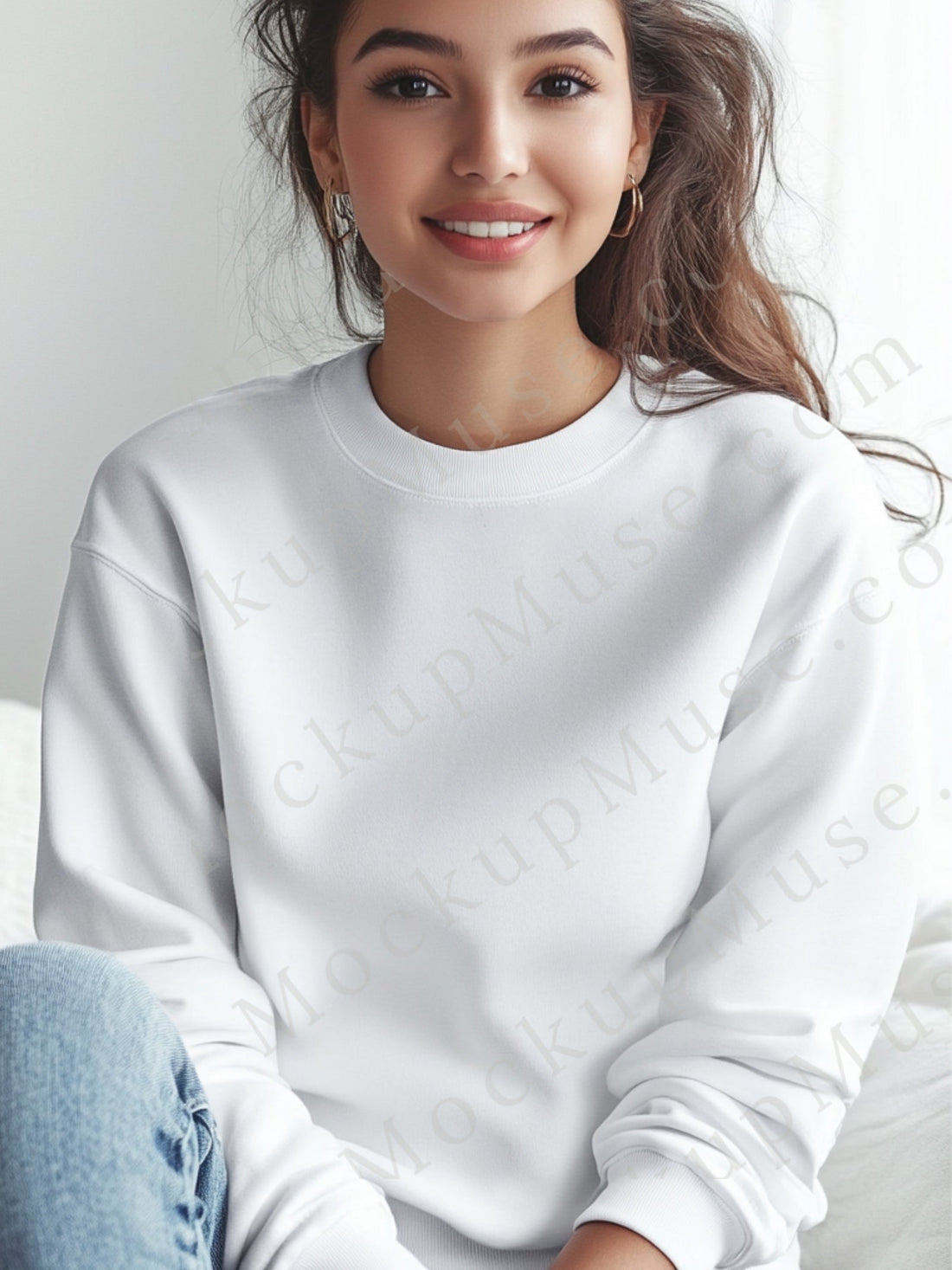 women’s white crewneck sweatshirt mockup, indoor lifestyle scene, gildan 18000, front view, digital download for Etsy and Sho