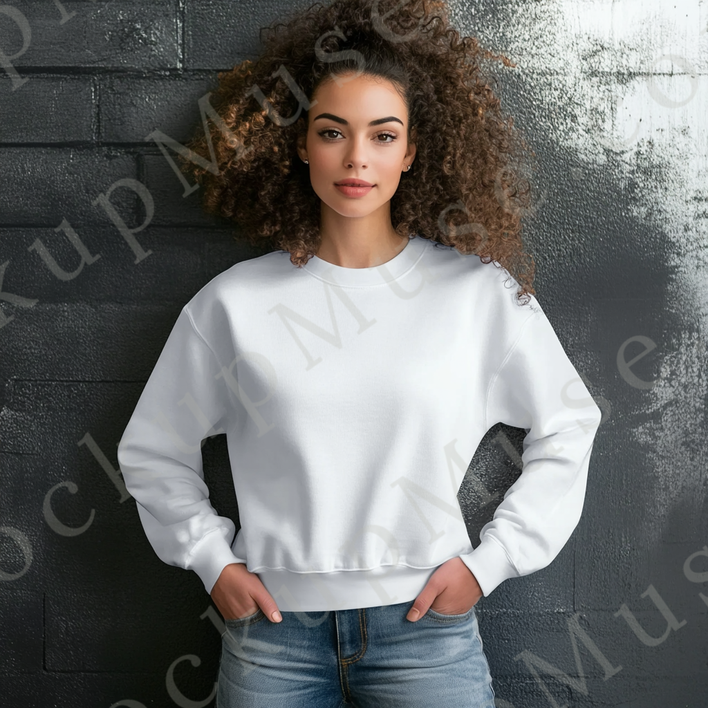 women’s white crewneck sweatshirt mockup, gray wall studio, gildan 18000, front view, digital download for Etsy and Shopify
