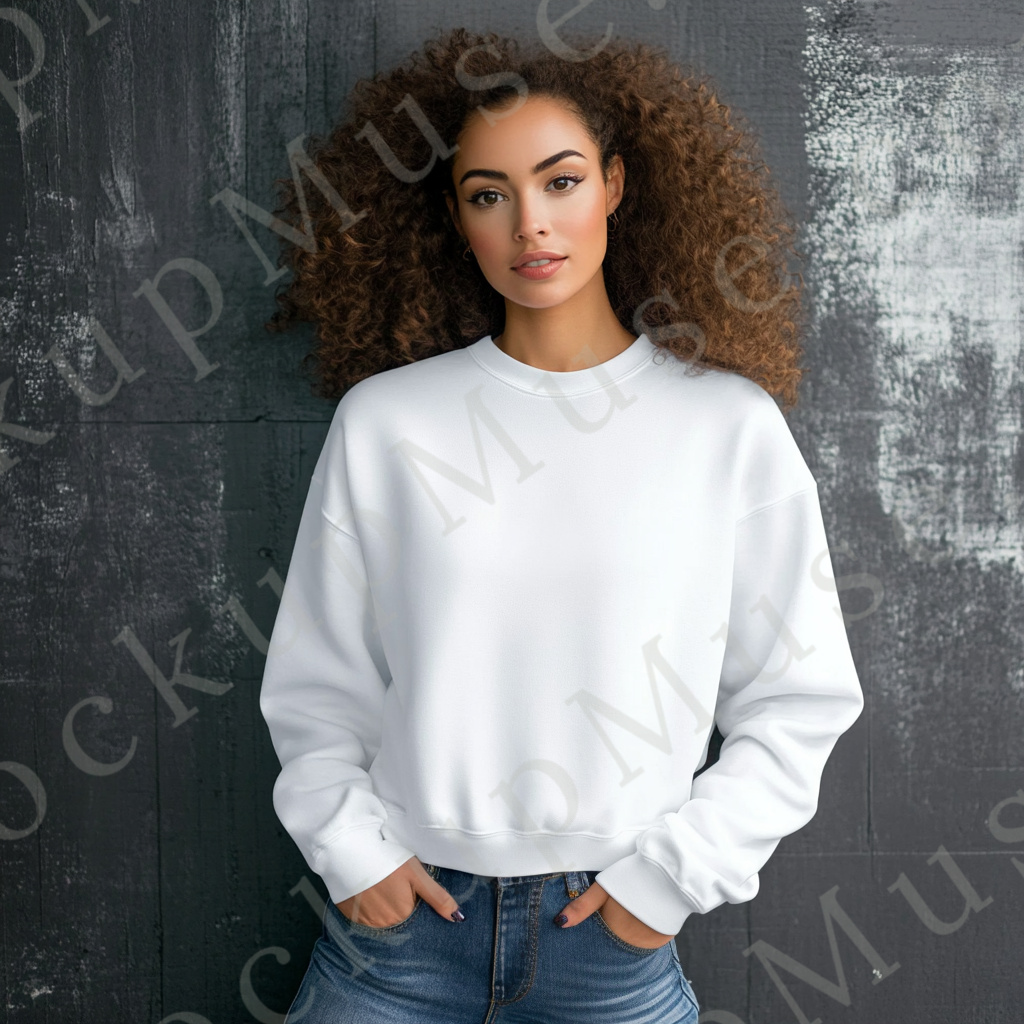 women’s white crewneck sweatshirt mockup, gray wall studio, gildan 18000, front view, digital download for Etsy and Shopify