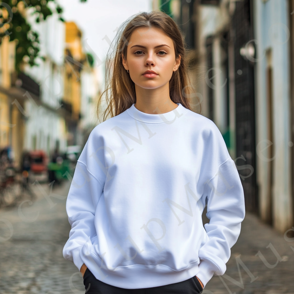 women’s white crewneck sweatshirt mockup, city street lifestyle scene, gildan 18000, front view, digital download for Etsy an