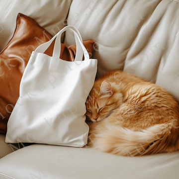 Tote Bag Mockup Liberty OAD113 – Cozy Couch Scene with Cat