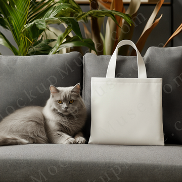 Tote Bag Mockup Liberty OAD113 – Modern Sofa Scene with Cat and Plants