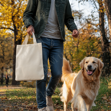 Tote Bag Mockup Liberty OAD113 – Outdoor Fall Lifestyle with Dog