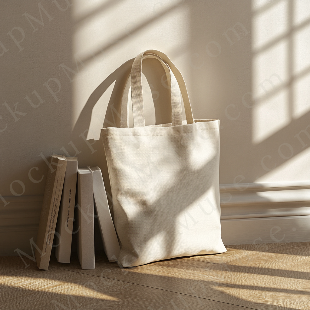 Tote Bag Mockup Liberty OAD113 – Angled Light with Books