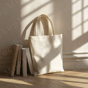 Tote Bag Mockup Liberty OAD113 – Angled Light with Books