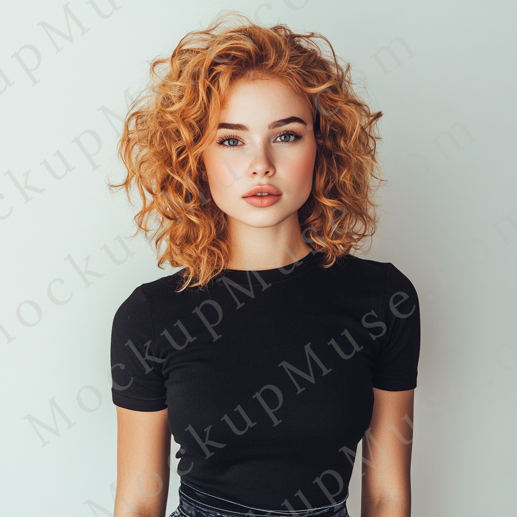 Square 1:1 women’s Gildan 5000 black onyx crewneck t-shirt mockup, light gray background, redhead with curls, relaxed stance, clean apparel presentation for design previews, front view.