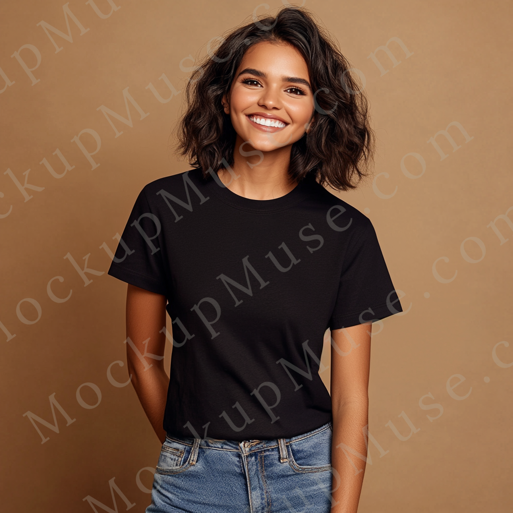 Square 1:1 women’s Gildan 5000 black onyx crewneck t-shirt mockup, neutral tan background, brunette with short curls, relaxed smile, clean apparel presentation for design previews, front view.