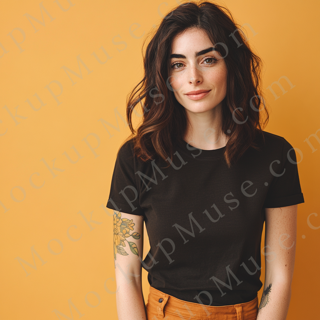 Square 1:1 women’s Gildan 5000 black onyx crewneck t-shirt mockup, orange background, tattoos visible on arms, dark hair, neutral expression, clean apparel presentation for design previews, front view.