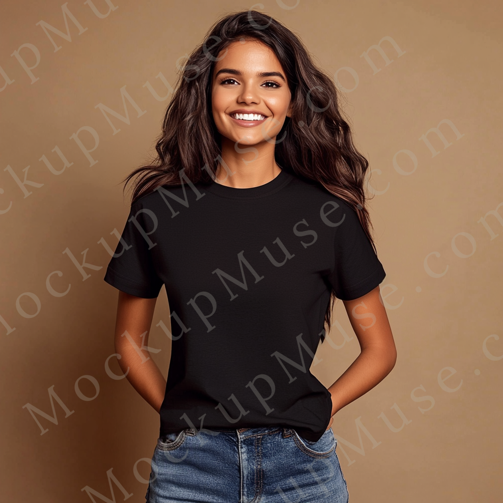 Square 1:1 women’s Gildan 5000 black onyx crewneck t-shirt mockup, neutral tan background, hands on hips, confident smile, clean apparel presentation for design previews, front view.