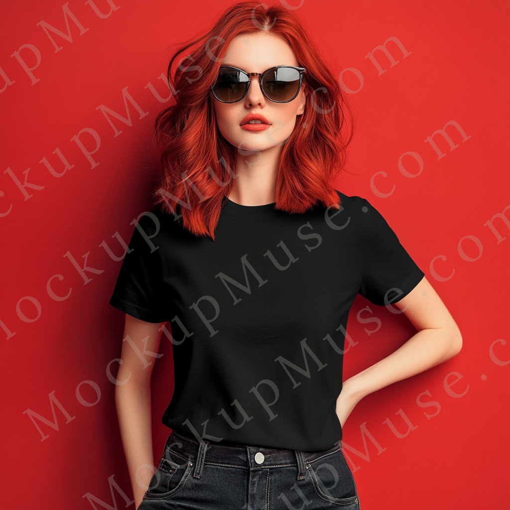 Square 1:1 women’s Gildan 5000 black onyx crewneck t-shirt mockup, bold red background, redhead with sunglasses, one hand on hip, clean apparel presentation for design previews, front view.