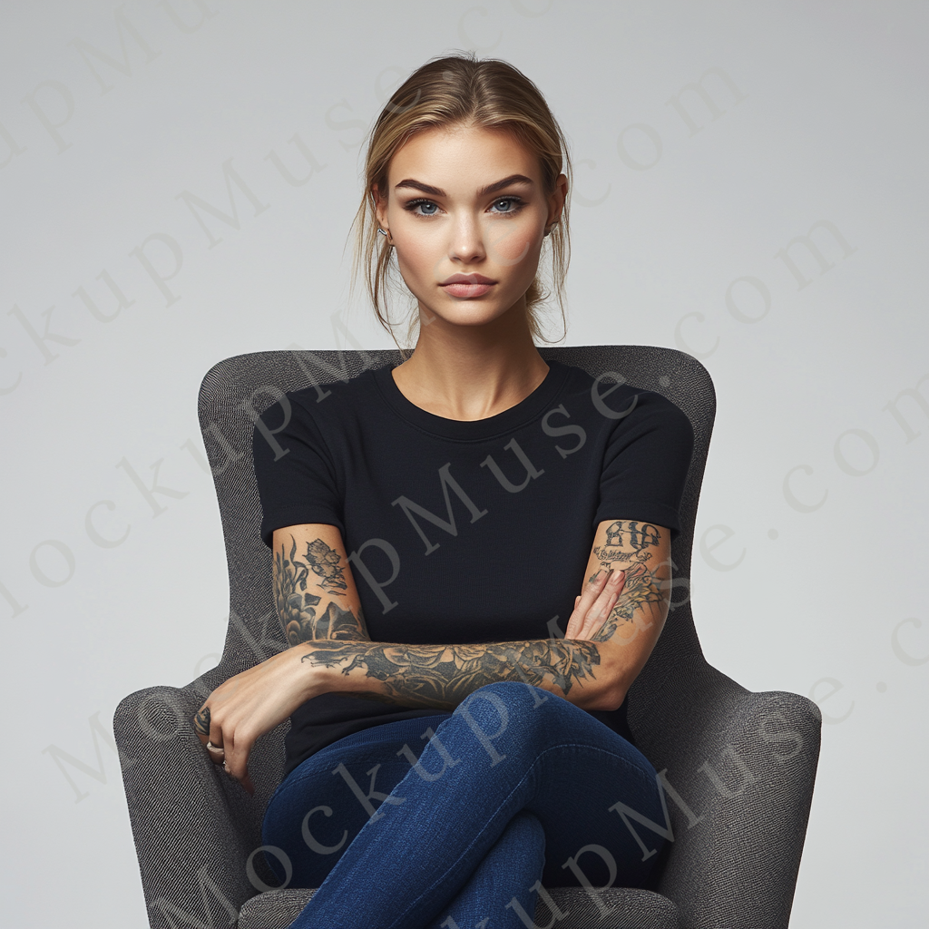 Square 1:1 women’s Gildan 5000 black onyx crewneck t-shirt mockup, neutral gray background, seated in gray chair, tattoos visible, composed posture, clean apparel presentation for design previews, front view.