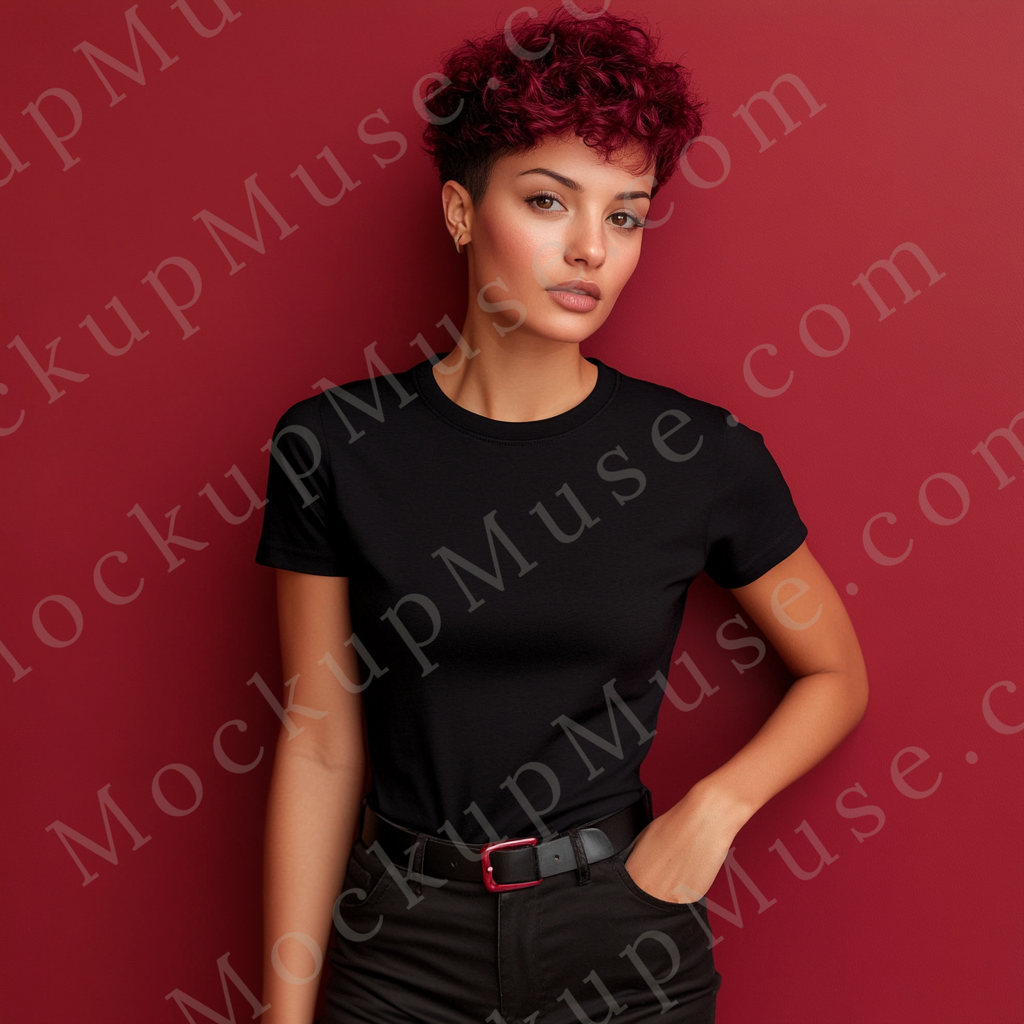 Square 1:1 women’s Gildan 5000 black onyx crewneck t-shirt mockup, deep red background, redhead with curls, one hand on hip, clean apparel presentation for design previews, front view.