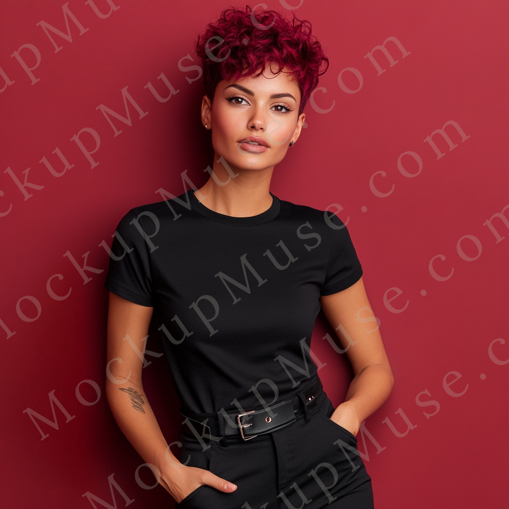 Square 1:1 women’s Gildan 5000 black onyx crewneck t-shirt mockup, deep red background, redhead with curls, hands at sides, relaxed stance, clean apparel presentation for design previews, front view.