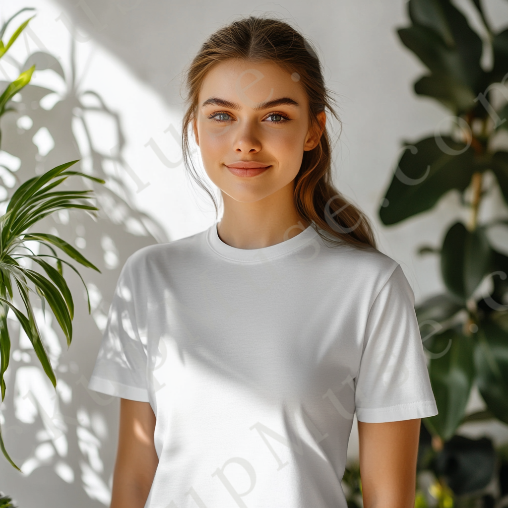 Square 1:1 women’s Gildan 5000 white snow short sleeve crewneck t-shirt mockup, brunette woman with ponytail, indoor plants background, clean apparel presentation for clothing design previews, front view.