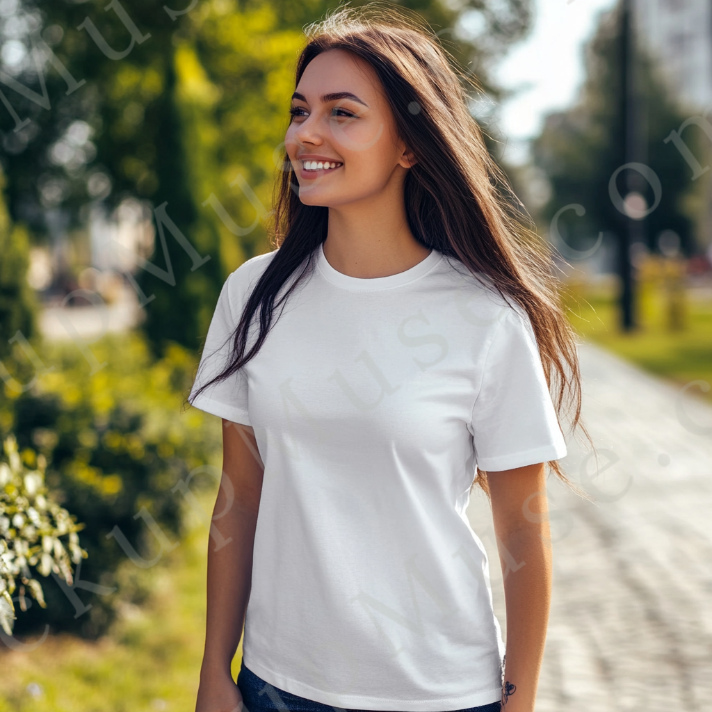 Square 1:1 women’s Gildan 5000 white snow short sleeve crewneck t-shirt mockup, brunette woman outdoors with plants, relaxed lifestyle vibe, clean apparel presentation for clothing design previews, front view.
