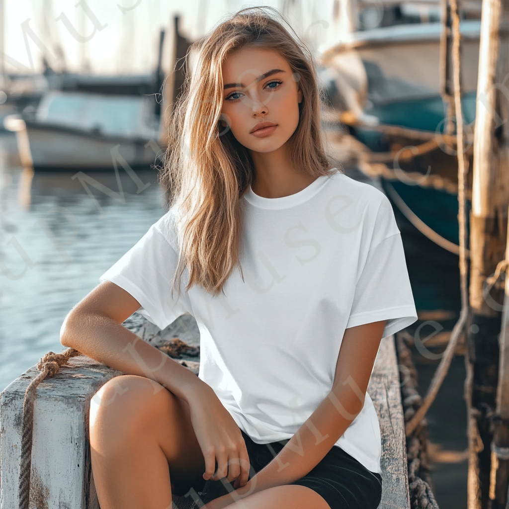 Square 1:1 women’s Gildan 5000 white snow short sleeve crewneck t-shirt mockup, blonde woman seated dockside with boats, lifestyle marina setting, clean apparel presentation for clothing design previews, front view.