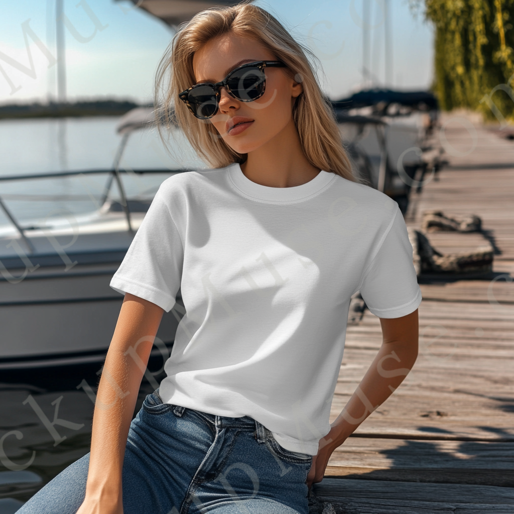 Square 1:1 women’s Gildan 5000 white snow short sleeve crewneck t-shirt mockup, blonde woman with sunglasses, yacht scene seated on dock, clean apparel presentation for clothing design previews, front view.