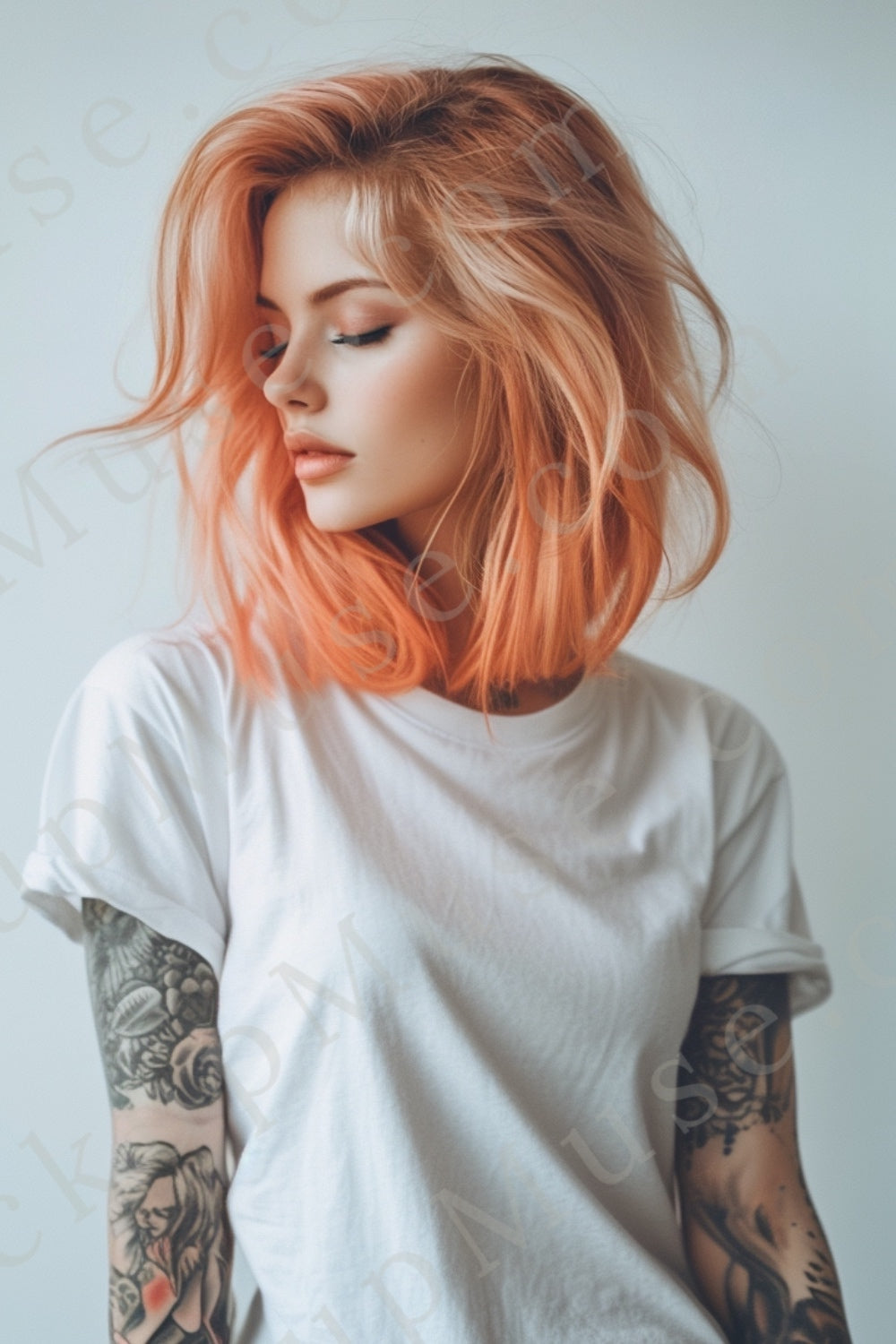 Vertical 2:3 women’s Gildan 5000 white snow short sleeve crewneck t-shirt mockup, orange-haired woman with tattoos, looking aside, clean apparel presentation for clothing design previews, front view.